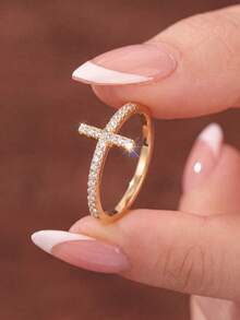 1pc Fashionable S Zirconia Cross Adjustable Ring, Exquisite Jewelry Gift For Girls - Cross T Ring - View 4