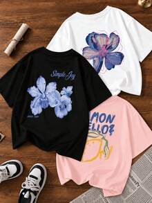 3pcs/Set Women's 100% Cotton Printed T-Shirt Set, Floral & Lemon Print Crew Neck Short Sleeve Casual Tops, Suitable For Spring, Summer, Autumn - Multicolor - View 2