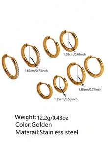 VceTd 4 Pairs Classic Style Geometric Design Stainless Steel Hoop Earrings For Women, Suitable For Daily Wear - Yellow Gold - View 8