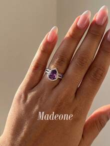 MADEONE 1pc Purple Sparkling Zirconia Pear-Shaped Double Layer Ring, Suitable For Women's Engagement, Wedding, Party, Daily Wear, Anniversary Jewelry Gift - Micro-paved Teardrop Ring - View 3