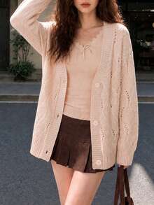 Women's Autumn/Winter Casual Minimalist Slouchy Unique Textured Knit Cardigan Jacket - Pink - View 3