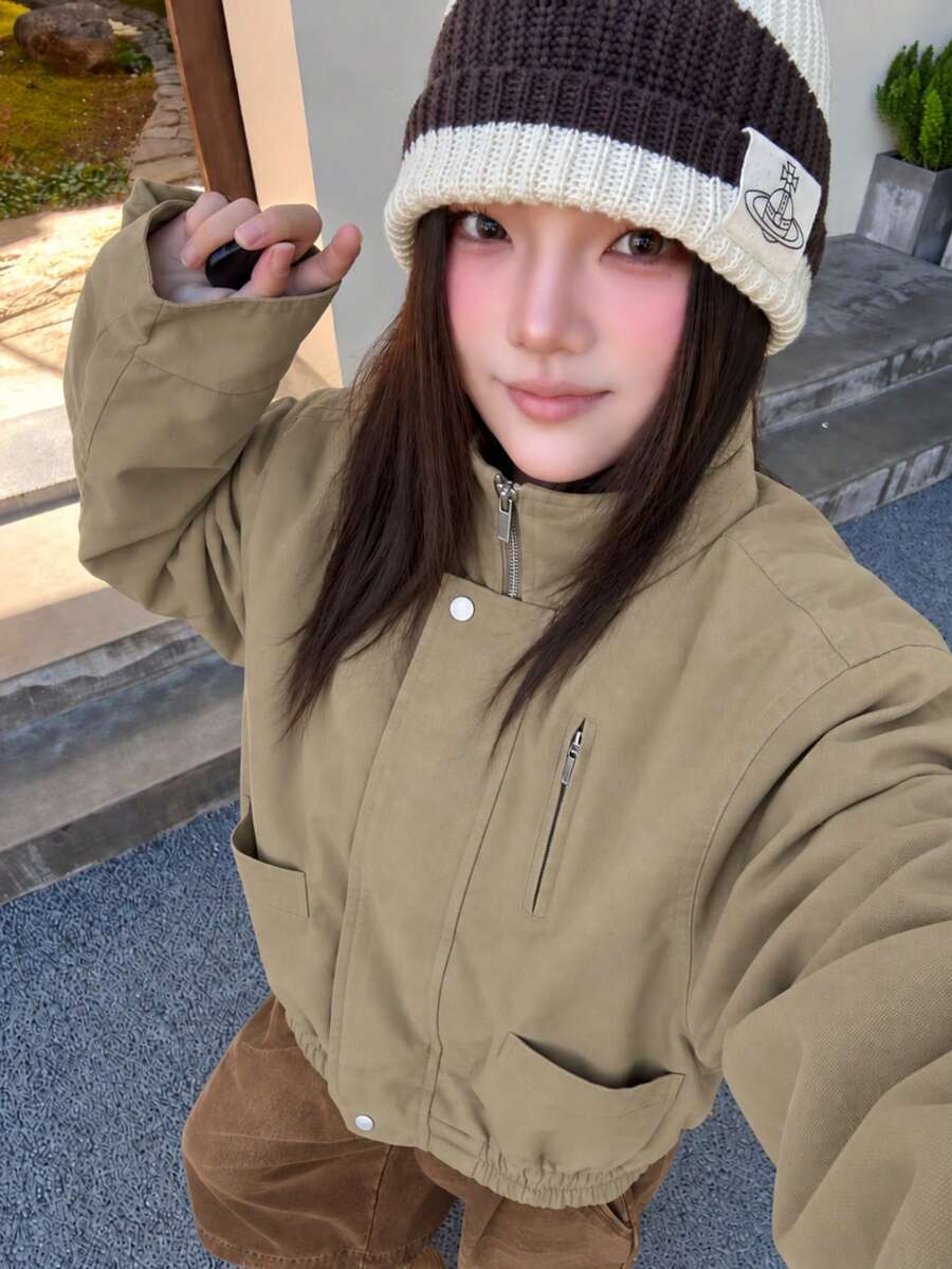 American Vintage Casual Stand Collar Flight Jacket, Street Style Loose Fit Solid Color Outerwear For Women Autumn/Winter - Khaki - View 1