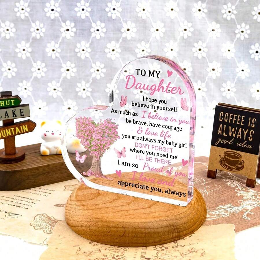 1PC 3.94*3.94 Inch 2D Flat Printed Heart-Shaped Acrylic Plaque, Pink Floral Tree Butterfly, Inspirational Desktop Sign, Bedroom Study Decor, Daughter Graduation Birthday Gift - A - View 1