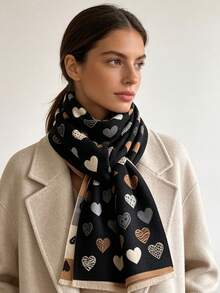 1pc Mixed‑Pattern Heart Jacquard Thick Scarf 65*180cm, Polyester Faux Cashmere Fall Winter Shawl For Travel Party Outing Wear As Scarf Shawl Head Wrap - Multicolor - View 3