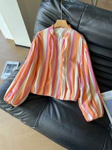 Women's Striped Short Long Sleeve Flight Jacket, Fashionable Spring Woven Fabric Outerwear - Multicolor - View 2