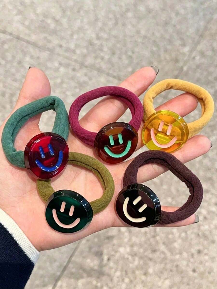 Women's Multi-Color Vintage Transparent Smiling Face Hair Scrunchie, Soft Elastic Hair Band, Home Hair Accessory, Suitable For Vacation, Travel, Festival, Birthday - Multicolor - View 1