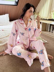 Sweet Pink Bear & Star Print Woven Pajama Set, Lantern Sleeve Button-Down Top & Pants Women Fall Winter Clothes - Pink - View 3