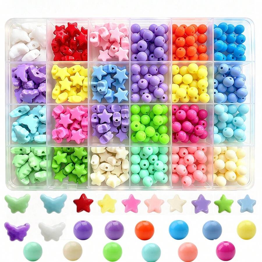 400Pcs Star & Round Acrylic Beads Set, Multicolor DIY Jewelry Making Beads With Storage Box For Bracelet Necklace Craft - A - View 1