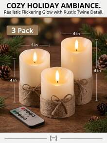 Vintage Hemp Rope Bow LED Candle Set, Realistic Flickering Flame With Remote Control And Timer, Home Desktop Ambient Decor, Holiday Birthday Gift, Party Decoration - Beveled Hemp Rope - View 7