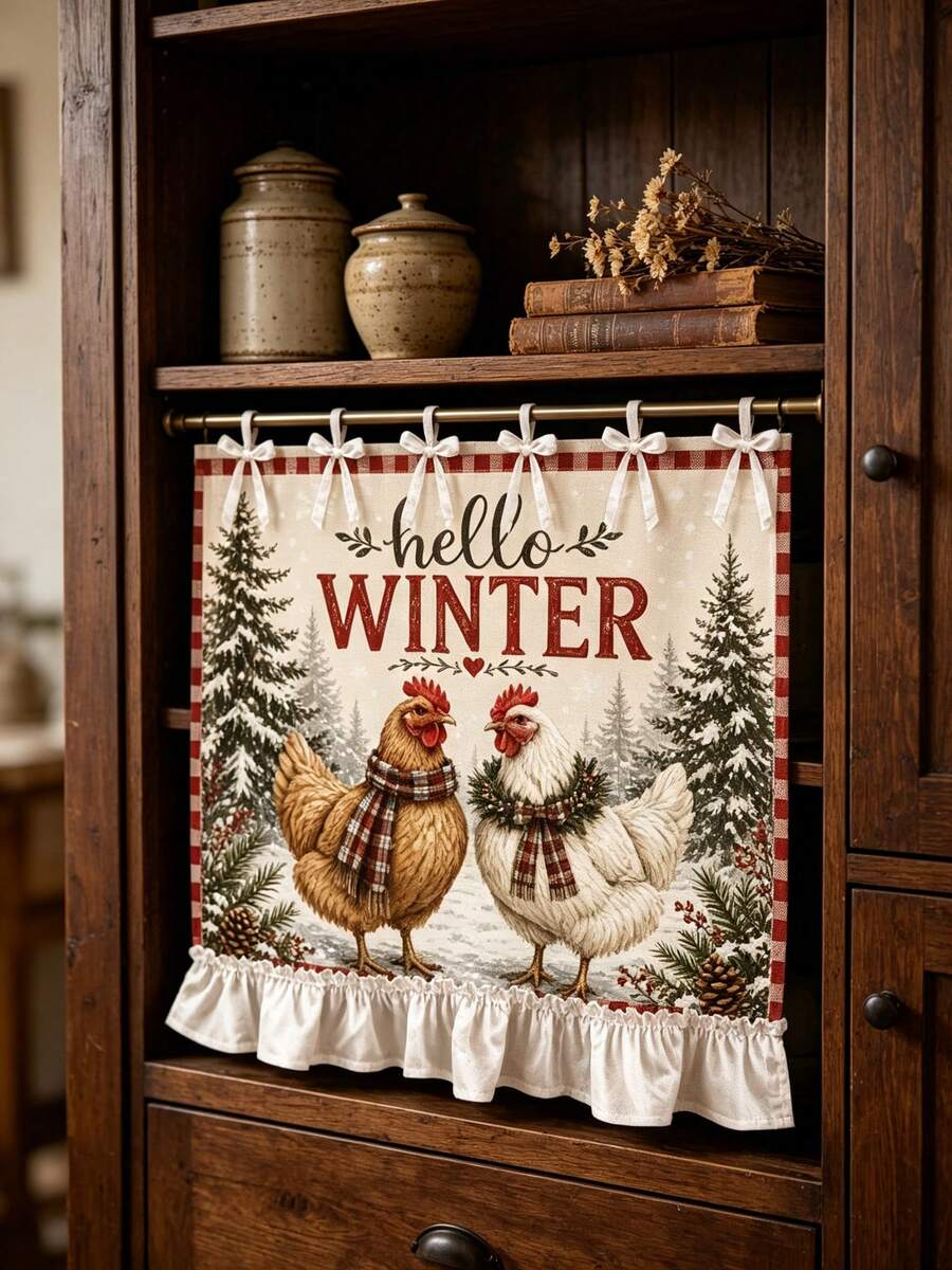 1PC Christmas Curtain, Country Style Plaid Chicken, Hello Winter Oven Skirt Window Curtain, Suitable For Holiday Dining Kitchen Decor, Snowy Tree Winter Christmas Kitchen Oven Stove - Multicolor - View 1