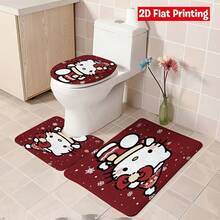 Sanrio Christmas Hello Kitty Red Snowflake Pattern Shower Curtain Set 4 Pieces (Includes 2 Bathroom Mats + 1 Toilet Lid Cover + 1 Shower Curtain), Elegant Floral Design, Suitable For Bathroom Decor And Privacy Protection - Shower Curtain Set - View 4