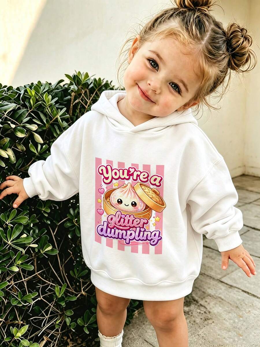 Girls Cute Glitter Dumpling Cartoon Print Hoodie, Casual Soft Long Sleeve Pullover For Little Young Girl - White - View 1