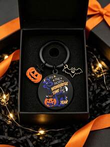 1pc Halloween Pumpkin Bat Keychains, Most Wonderful Time Enamel Charm, Black Key Rings, Car Bag Pendant, Halloween Party Gift - Multicolor - View 3