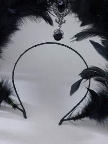 1pc Gothic Black Feather Halo Crown Headband Dark Angel Rhinestone Pendant Floral Wreath Halloween Cosplay Party Hair Accessory - Black - View 4