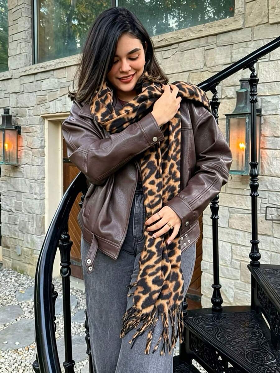 1pc Women Leopard Print Women Scarf, Elegant Versatile Winter Shawl, Suitable For Daily Use - Multicolor - View 1