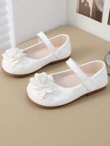 1 Pair Kids Fashion Solid Color Patent Leather PU Hook & Loop Mary Jane Shoes, Suitable For School, Banquet, Party, All Seasons - White - View 5