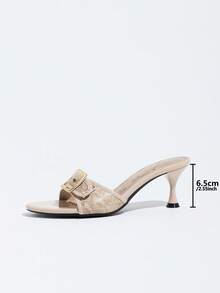 Women's Snake Print Metal Buckle Slip-On Sandals, Nude Beige Open Toe Flared Mouth Kitten Heel Mule Shoes, Suitable For Work And Dates - Beige - View 7