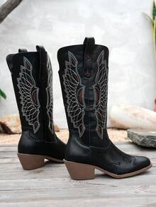Elegant Women's Vintage Embroidered Western Cowboy Boots, Pointed Toe Chunky Square Heel Mid-Calf Riding Boots, Fashion Coachella Style - Black - View 5