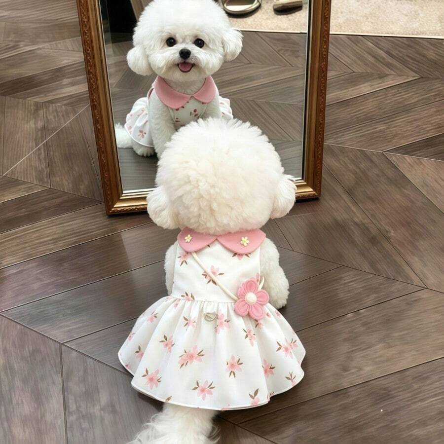 Floral Print Dog Dress With Pink Collar, Sleeveless Mesh Pet Dress With Flower Details And Snap Closure - Pink - View 1
