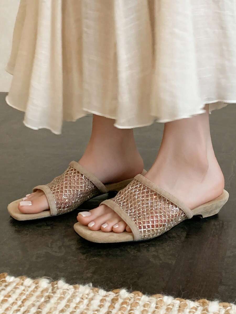 Women's Beige Rhinestone Lattice Mesh Slide Sandals With Square Open Toe, Wide Band, Flat Sole, Suede-Look Trim For Summer Casual Outfits - Apricot - View 1