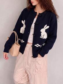 Women's Autumn/Winter Casual Cute Minimalist Fun Animal Pattern Horn Button Design Round Neck Knit Cardigan Sweater - Black - View 3