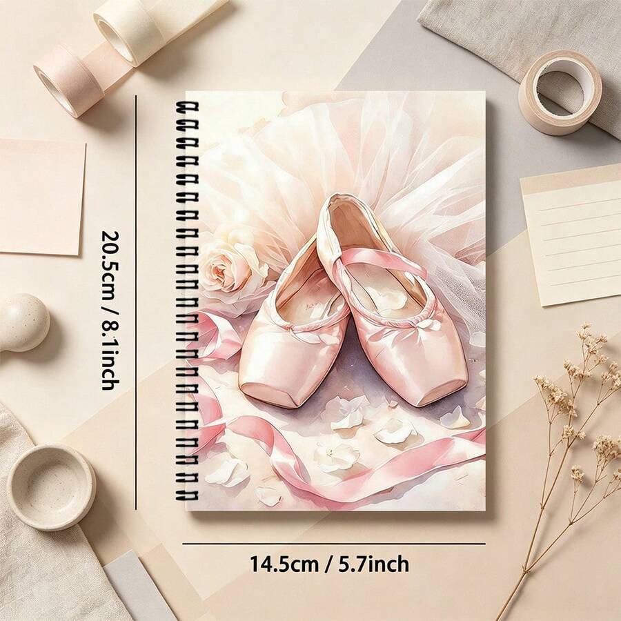 Watercolor Pink Ballet Pointe Shoes Spiral Notebook, Ballerina Tutu Rose Ribbon Petals Print Wire Bound Journal, A5 Coquette Balletcore Aesthetic Notepad For Girls Stationery Gift