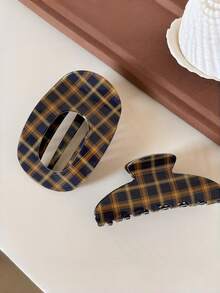 2pcs/1pc Vintage Plaid Curved Claw Hair Clips Women Fashion Glossy Preppy Style Bun Clips Suitable For Daily Commute Wear - Multicolor - View 1