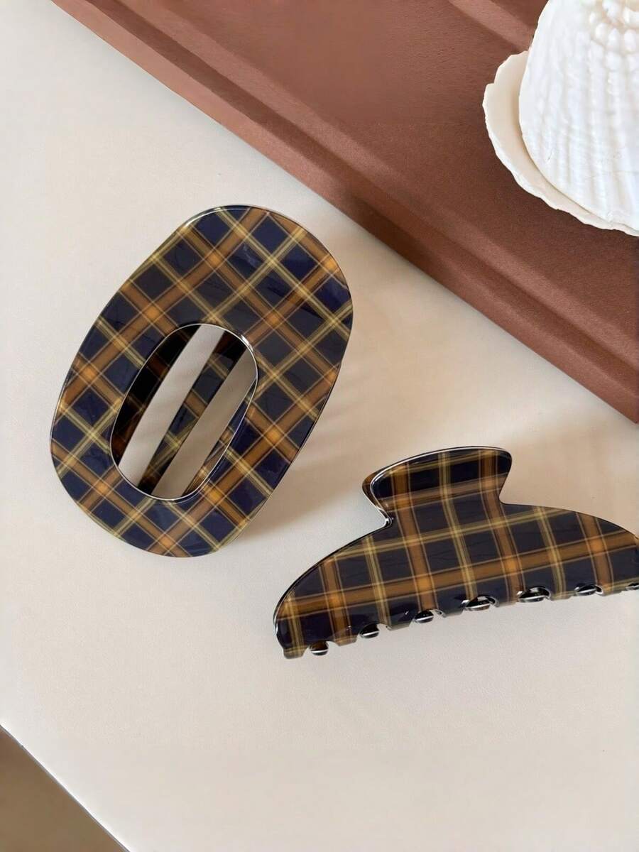 2pcs/1pc Vintage Plaid Curved Claw Hair Clips Women Fashion Glossy Preppy Style Bun Clips Suitable For Daily Commute Wear - Multicolor - View 1