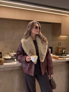 Women's Fashionable Retro Faux Fur Reversible Jacket, Provides Warmth And Comfort, Women's Winter Jacket Vacation - Burgundy - View 3
