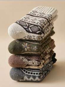 5 Pairs Random Women's Autumn/Winter Thickened Fleece Terry Retro Comfortable Warm Mid-Calf Socks - Multicolor - View 5