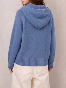 Women's Blue Hooded Knit Cardigan Jacket, Zipper Closure, Short Length Long Sleeve, Suitable For Autumn/Winter - Blue - View 2