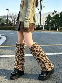 Leopard Print Plush Leg Warmers Y2K Fluffy Loose Boot Covers Vintage Street Style Winter Leg Socks - Multicolor - View 4
