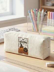 1pc Halloween Skull Jack-O'-Lantern Print Corduroy Pencil Case, Zipper Large Capacity Stationery Storage Pouch For Student School Daily Study - Multicolor - View 14