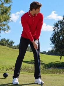 Men's Classic Long Sleeve Polo Sweatshirt, Ribbed Double Stripe Design, Suitable For Daily Wear And Team Sports Casual Top - Red - View 2