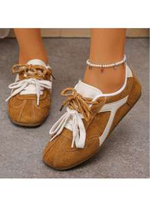 Women's Colorblock Retro German Trainer Shoes, Flat Lace-Up Sneakers, Lightweight Versatile Casual Skate Shoes - Camel - View 5