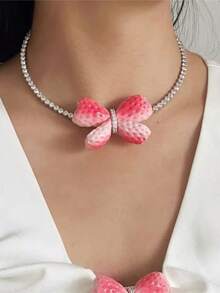 Butterfly Strawberry Choker Necklace Spring Summer Birthday Gift - Pink - View 2