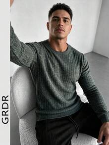 GRDR Fine Textured Vertical Ribbed Crew Neck Simple Basic Solid Color Men's Daily Casual Sports Long Sleeve Pullover Top - Green - View 5