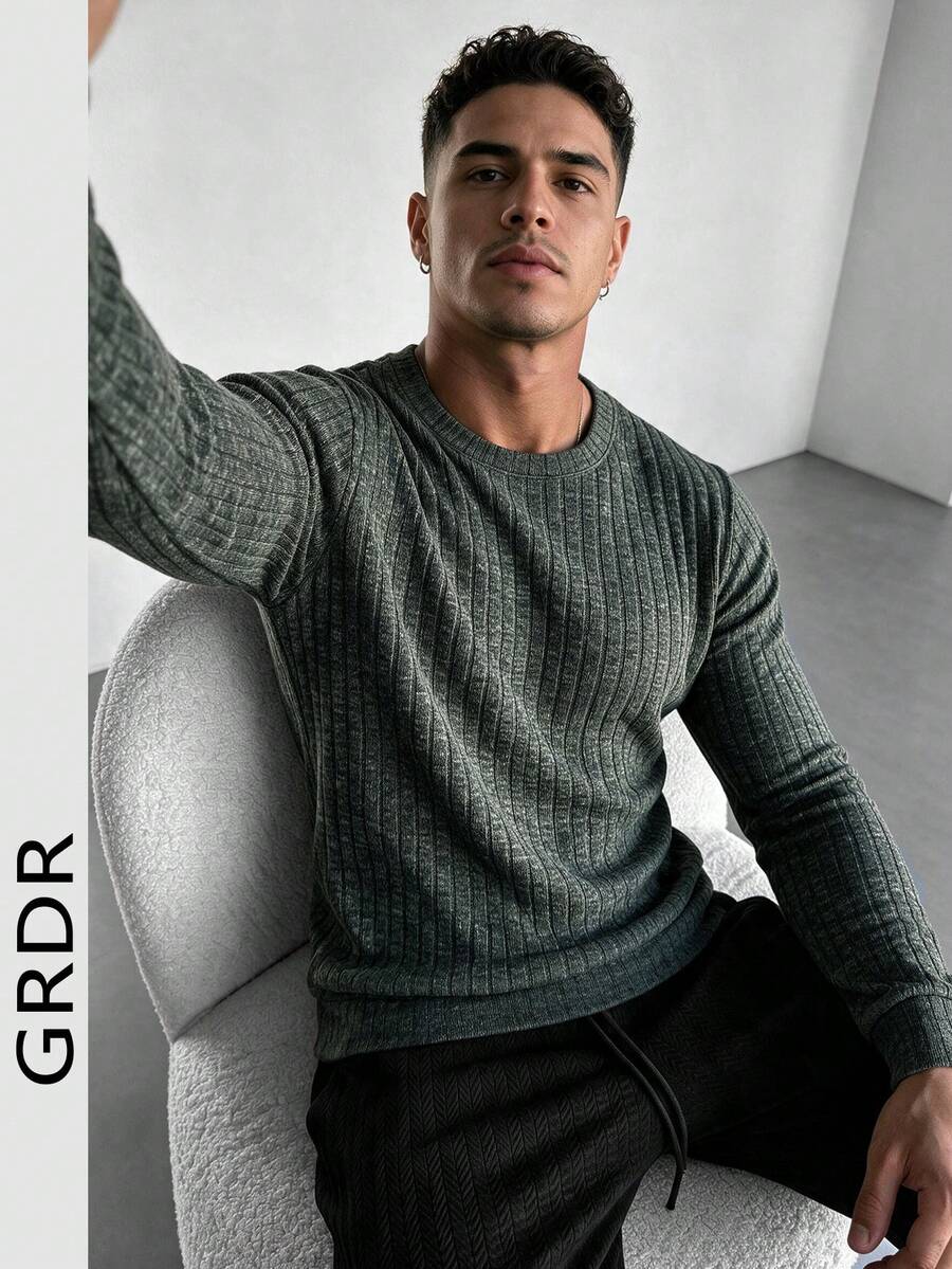 GRDR 細紋理垂直條紋圓領簡約基本款純色男士日常休閒運動長袖套頭上衣 - 綠色 - 查看 1