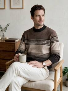 Men's Thick Patterned Knit Sweater, Casual British Style Business Commute Knitwear, Runs Small - Coffee Brown - View 5