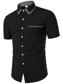 Men's Casual Short Sleeve Plaid Shirt, Patchwork Contrast Color Plaid And Solid Color Shirt - Black - View 1