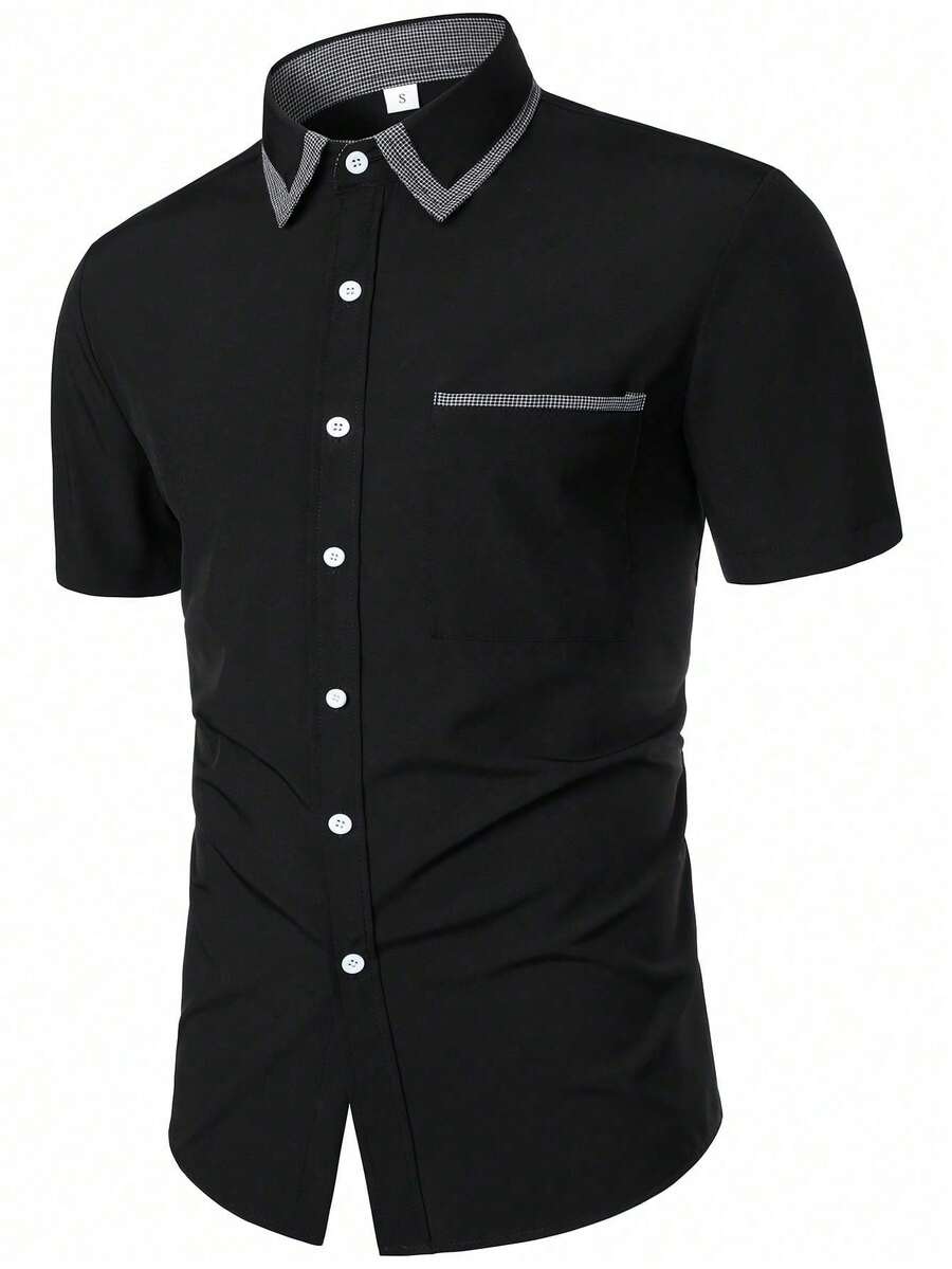Men's Casual Short Sleeve Plaid Shirt, Patchwork Contrast Color Plaid And Solid Color Shirt - Black - View 1