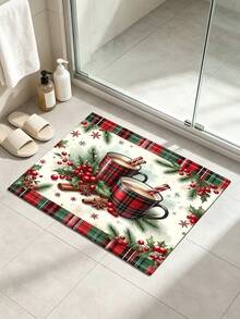 1PC Red‑Green Christmas Coffee Cup Print Diatomite Absorbent Welcome Mat, Non‑Slip Small Floor Rug, Christmas Decor Mat For Stovetop Coffee Machine Water Bar Counter, Indoor Outdoor Front Door Kitchen Home Decor - Multicolor - View 6