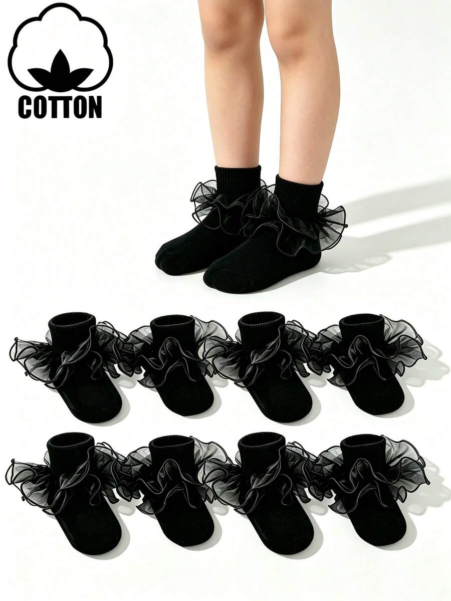 4 Pairs Cotton Girls' Black Large Lace Dance Socks, Elegant Princess Style Short Socks For Party Outfits