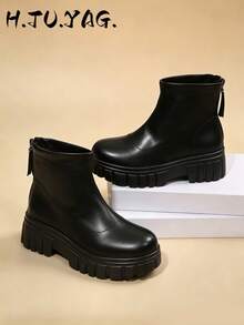 Sepatu Bot Pendek Nyaman Musim Gugur/Dingin Hitam Putih Bertali Hak Wedges Sol Tebal Sepatu Bot Modis - Hitam - View 4