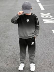 Boys' 2 Pieces Gothic Letter Print Black & Grey Gradient Sweatshirt And Joggers Set, Autumn/Winter, 8-12 Years Old, Cool Outfit - Black - View 3