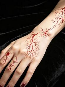 10 Sheets Halloween Blood Vessel Lightning Pattern Temporary Tattoos, Waterproof Realistic Body Arm Face Neck Art Fake Tattoos, Suitable For Halloween Party Role-Playing Temporary Cosplay Body Makeup - Red - View 4