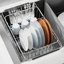 1件可調節不鏽鋼水槽瀝水籃，附防滑橡膠套，多功能可伸縮水槽收納架，適合大多數廚房放置碗盤、杯子與鍋具，秋冬廚房效率提升產品 - 彩色 - 查看 7
