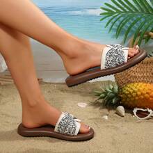 French Style Low Heel Sandals For Women, Evening Dress Tassel Floral Beach Slippers - Beige - View 3