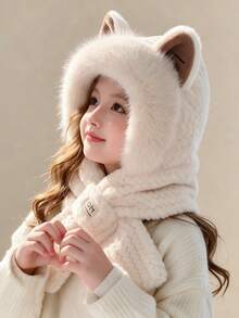 Winter Cute Thick Plush Bear Hat Mask Scarf All-In-One Riding Hood For Women - Multicolor - View 5