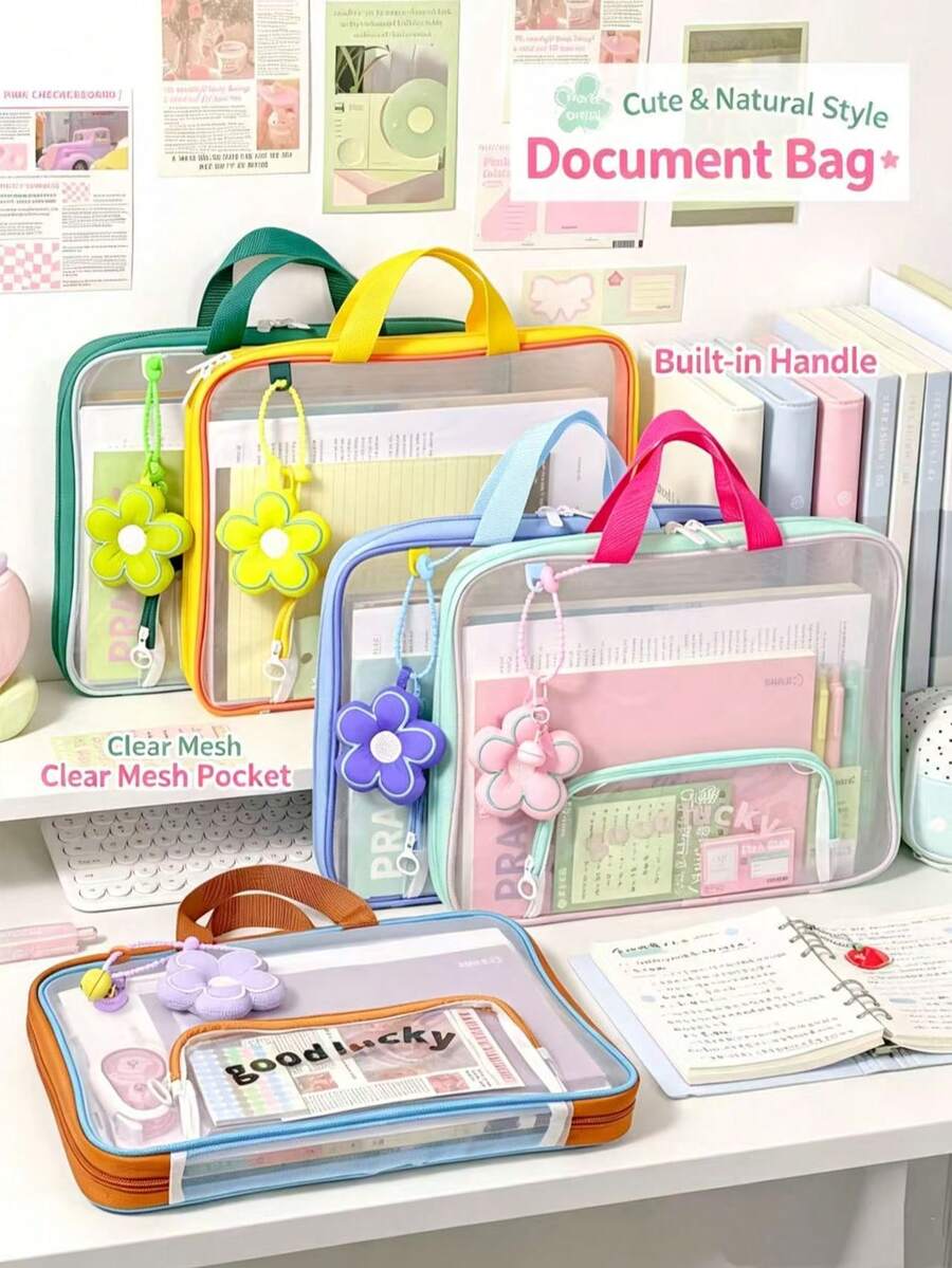 Horizontal A4 Grid File Bag With Portable Flower Charm, Transparent Zipper File Storage Bag, Portable Student Campus Exam Paper And Material Storage Bag - Multicolor - View 1